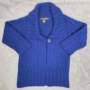 Inis Crafts Cardigan Sweater Womens Large Blue Merino Wool Shawl Collar Cable